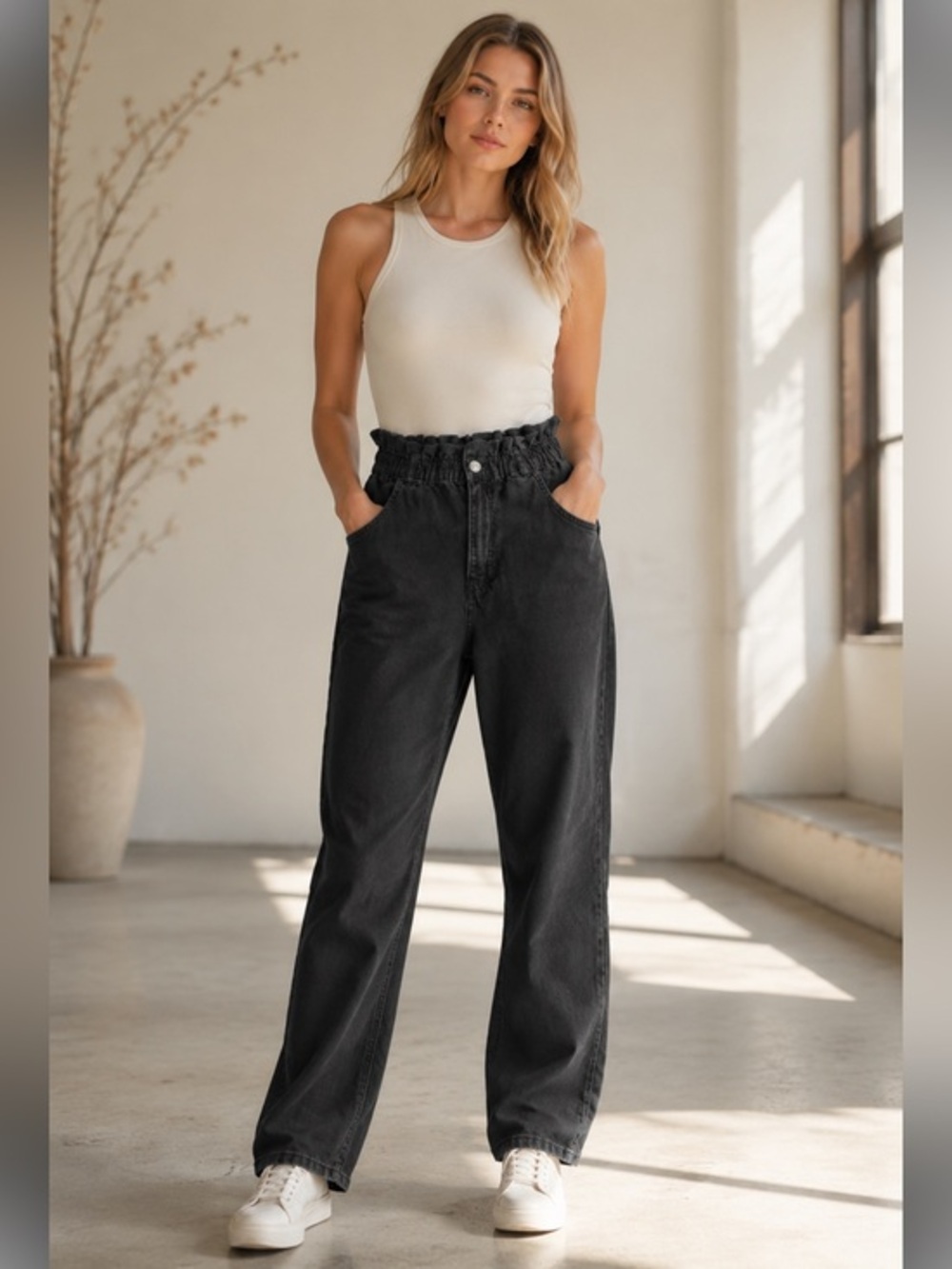 Zara Black High Rise Paperbag Waist Straight Leg Jeans Pants Size Small